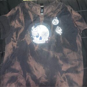 Custom Hanes Black bleach dyed bubble goth skull Graphic v neck Tee 2xl